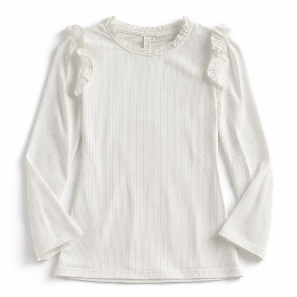 Hayden White Ribbed Ruffle Long Sleeve Top Size M NWT